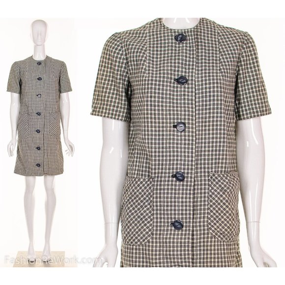 Minimal Linen Dress Black White Gingham Plaid Dress Minidress Sm - Picture 1 of 7
